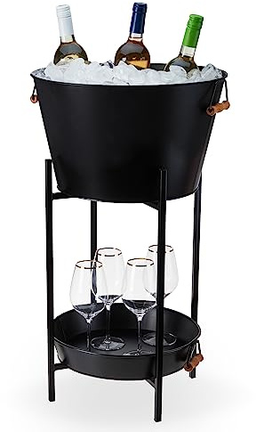 Twine Black Beverage Tub with Collapsible Stand, Large Metal Bucket and Tray, Ice Drink Buckets with Acacia Wood Handles for Parties, 3-Piece Set