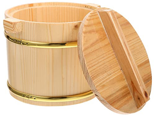 PAREKS Hangiri Sushi Oke Reisschale: Holz Reis Rührwanne Reis Kühlschale mit Deckel Holzeimer Dampfgarer für Zuhause Restaurant Hellbraun 16 x 16 x 15 cm