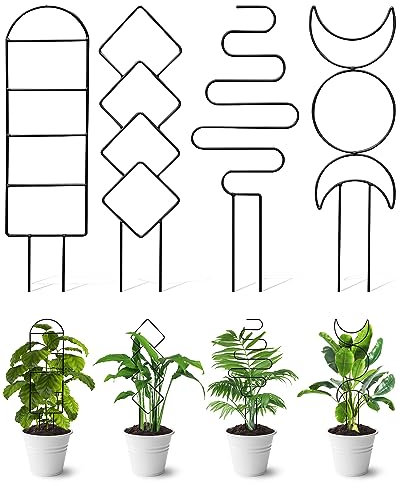 4 Pack Indoor Climbing Plant Trellis, Small Trellis for Potted Plants Outdoor, Metal Garden Plant Support Climber with Different Patterns for Vine Ivy Flower (Black)