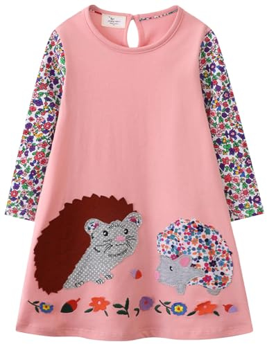 Långärmad bomullströja flickklänning ledig t-shirtklänning, Rosa igelkott, 6-7 år