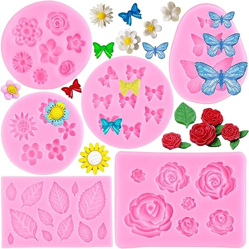 RFGHAC Set di 6 stampi in silicone a forma di fiore per fondente, caramelle, rose, farfalle, crisantemi, margherite, foglie di rosa, fiocchi, per decorare torte, pasta di gomma, cioccolato, pasta