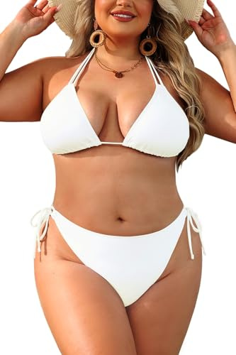 Daci Plus Size Triangle Bikini Set Two Piece Double Straps Halter Swimsuit, White, 16 Plus
