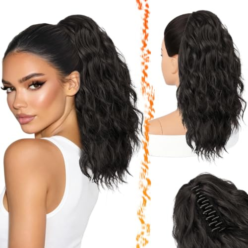 BARSDAR Klauen Clip Pferdeschwanz Verlängerung, 45 cm Lange Lockige Wellige Schwarz Braun Pferdeschwanz Haarverlängerungen Natürliche Synthetische Haarteile für Frauen (Schwarz Braun)