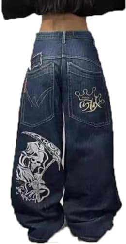 Vagbalena Uomini Donne Y2K Street Hip Hop Jeans Stampa Teschio Pantaloni Larghi a Gamba Larga Draggy Grandi Tasche Stampa Gotica Unisex Jeans Denim a Vita Alta (Blu,XXL)