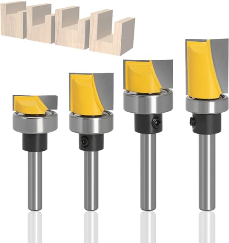 Treki 4pcs Flush Trim Router Bit Set, 1/4 Inch Shank Hinge Mortising Template Router Bits Ball Bearing Carbide Tipped Cutter Bit Woodworking Milling Cutter Tool (13/16 7/16 5/8 1/4）