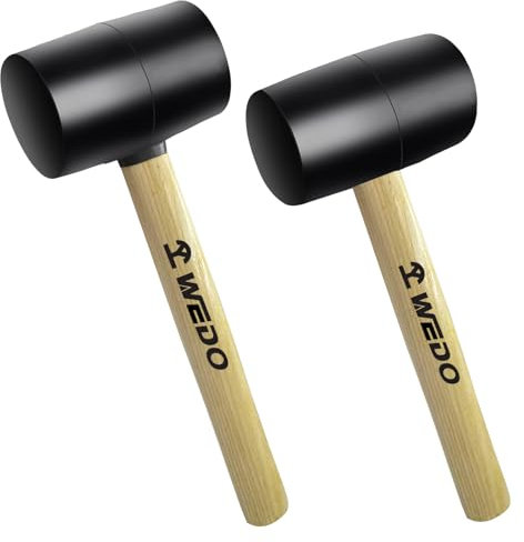 WEDO 2-Piece Rubber Mallet Hammer, 450g+680g, Double Faced Soft Mallet with Wooden Handle, Black