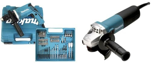 Perceuse à percussion MAKITA - 710W + kit accessoires - HP1631KX3 & 9558NBRZ Meuleuse d'angle 840W 125mm, en Aluminium, Bleu, Noir