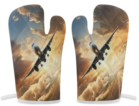YJWANDO Thermal Gloves, Airplane Print Heat Resistant Gloves Oven Mitts Kitchen Gloves Cooking Gloves Microwave Gloves, Style