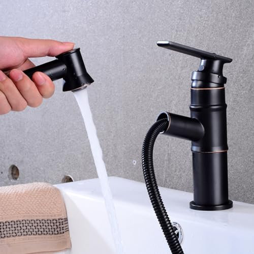 Wasserhahn Bad für Waschbecken Retro Ausziehbar Einhebelmischer Für Warm und Kaltwasserhahn Messing Ausziehbar Vintage Schwarz Kurz Armatur für Waschbecken Badezimmer Badarmatur Waschbeckenarmatur