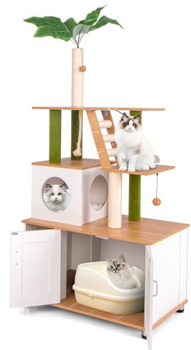 PETSITE Cat Tree with Litter Box Enclosure, Multi-Level Modern Cat Tree Tower with Sisal Scratching Posts, Cat Condo, Ladder, Dangling Balls, Interactive Sisal Rope, and Hidden Litter Box