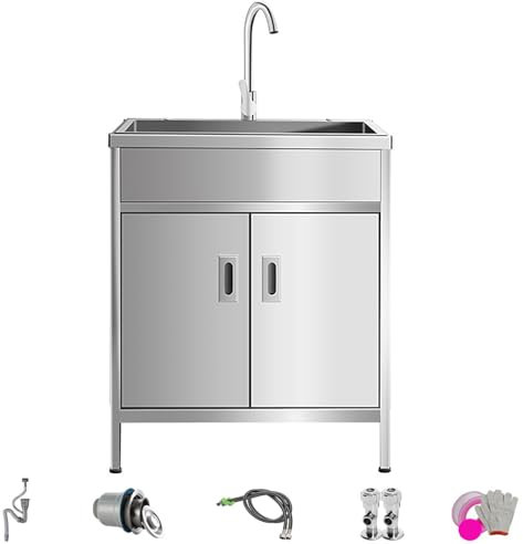 Yuezouikl Lavandino Esterno Inox Professionale,Mobile Lavello da Cucina 1 Vasca con Rubinetto,Lavatoio Commerciale Ristorante con Mobile,per Sala da Pranzo Cucina Lavanderia Garage,80x45x75cm