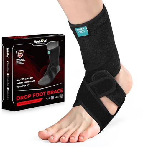 Welnove AFO Drop Foot Brace – Adjustable Soft Support with Forefoot Plate for Foot Drop, TBI, ALS, MS – Wear with Shoes or Barefoot – Left & Right Included（One Size）