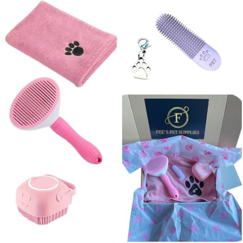 Christmas Presents for Dogs, Easy-Clean Pet Hair Remover Brush, Microfibre Towel, Silicone dog Shampoo Brush, Finger Toothbrush+Bonus Vintage Paw Charm | Perfect Dog Gift Set (Pink)