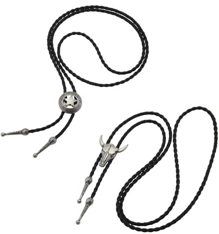 2 Stück Bolo-Krawatte,Cowboy Kostüm Herren,Western Outfit,Bolo Tie,Lederkrawatte mit Kuhschädel und Texas Ranger Sternanhänger,Cowboy Weste Deko,Cowboy Hemd,Leder Rodeo Anhänger,Halskette Lariat