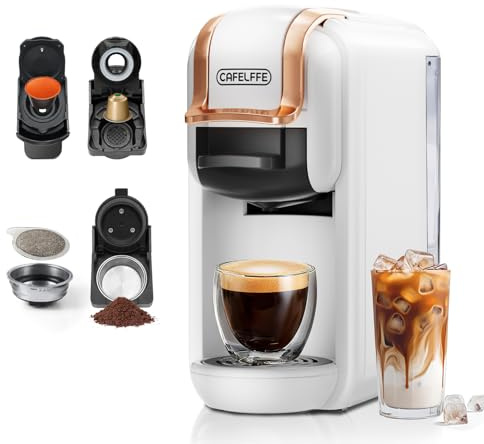 Cafelffe Machine à café à dosettes 4 en 1 MK-603 avec infusion chaude ou froide, 19 bars et sélection de grandes ou petites tasses, pour dosettes NS*, DG*, ESE et café moulu, 0,6 L, blanche, cadeaux.