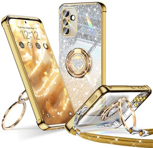 XYZ for Samsung Galaxy S25 Case with Stand, Soft Cute Luxury Love Heart with Lanyard for Women Girls, Double Ring Bling Glitter Clear Protective Phone Cover Case for Samsung Galaxy S25 - Gold