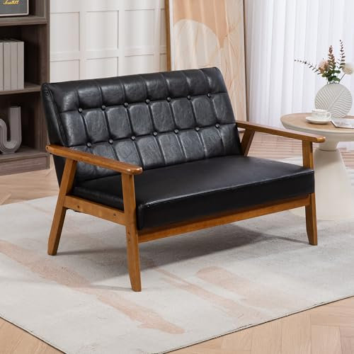 Jaxenor Sofa 2 Sitzer, Pu-Leder Vintage Sofa Sessel, Lounge Sofa Klein Sofa FüR KüChenbank Massivholzsessel FüR Wohnzimmer, Schlafzimmer Und BüRos, 114x73.5x75cm, Schwarz