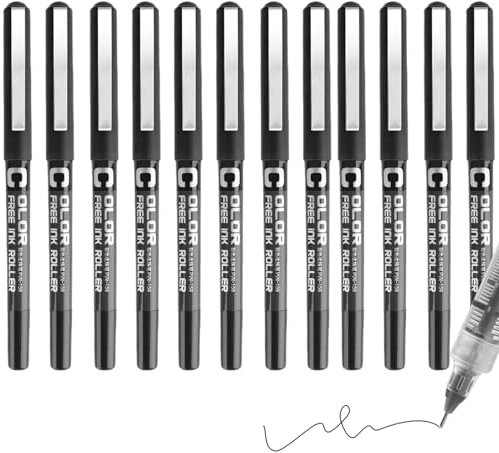 VEGCOO Rollerball Pens, 12 Black Ink Pen 0.5mm Roller Ball Pens For Writing, Smooth Writing Gel Pens Black For Office Study Drawing Handwriting Pens (Black)