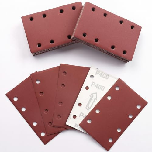Sruhrak Schleifpapier 80x133mm Klett Set, 50 Stück Körnung 400 Schleifpad | Professional Rechteckiges Schleifblatt für Schwingschleifer, 8 Löcher Schleifblätter für Holz, Metall, Lack, Farbe