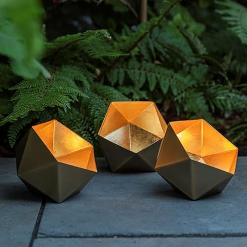 Crocus Collection 17cm Single Geo Tealight Candle Holder in Antique Brass Design for Outdoor Use