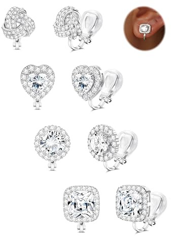 FIOROYAL Clip on Earrings Women-Hypoallergenic Non Pierced Silver Gold Clip On Stud Earrings- Cubic Zirconia Knot Twist Flower Heart Fake Earring Set for Women Girls Kids Wedding/Dance/Gift S4
