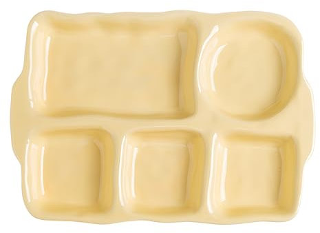 Piatto diviso in ceramica, piatto rettangolare giallo a 5 scomparti, per un controllo preciso delle porzioni e un equilibrio nutrizionale ottimale, Utilizzabile in forno e microonde