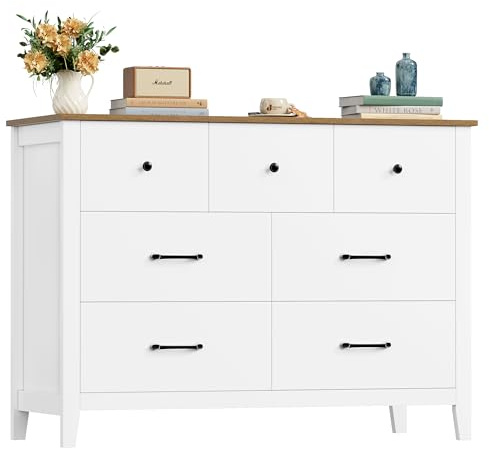 HOCSOK Chest of Drawers, 7 Drawers with Handles, Modern Bedroom Furniture for Living Room, Bedroom, Teenager Room and Hallway, 106x40x81 cm (white)