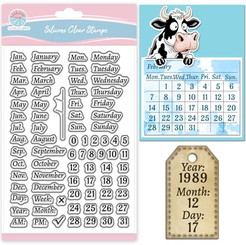 GLOBLELAND Kalender Klarstempel Für Scrapbooking Woche Monat Silikonstempel Datum Uhrzeit Transparenter Stempel Für Kartenherstellung DIY Prägung Journaling