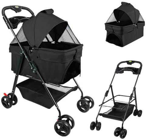 Homewell Poussette pliable 3 en 1 pour chien - Sac de transport pliable - Chariot pour chat - Panier de rangement - Fenêtre en filet - Porte-gobelet - Pour petits chiens et chats