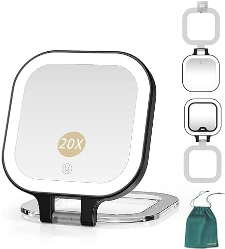 Mocado Beidseitig Taschenspiegel mit Vergrößerung, 1/20 Fach Vergrößerungsspiegel mit Licht, Wiederaufladbar Reisespiegel mit 3 Farben Lichter, Dimmbarer Touchscreen, Tragbarer(Schwarz)