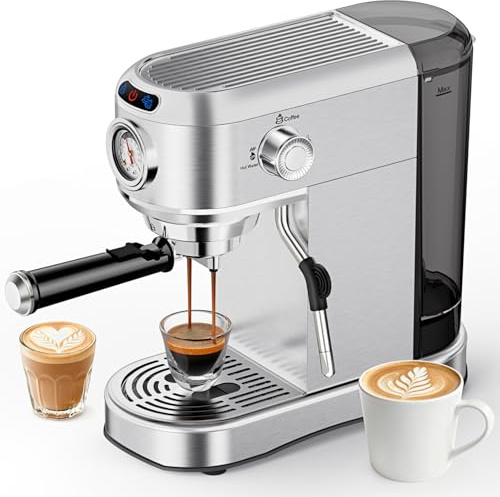 ANYCOLD Espresso Machine, 20 Bar Compact Espresso Maker with Steam Milk Frother, Stainless Steel Expresso Machines for Home, 34oz Removable Water Tank for Latte, Cappuccino, Silver