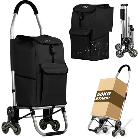 Shoppingvagn, HOMELUX vikbar, stabil shoppingvagn, stor kapacitet 41 L, multifunktionell, handvagn med hjul, avtagbar väska triangulära hjul, svart 244