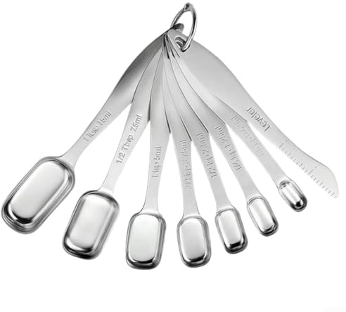 FACAIIO Juego de 8 cucharas medidoras de acero inoxidable con mango largo para utensilios de cocina con 1 8 cucharaditas a 1 cucharada
