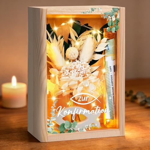 Geschenke zur Konfirmation Mädchen Jungen,Geldgeschenk Konfirmation,inklusive Holzbox+Trockenblumen+LED Lichterkette+Reagenzglas+Fish Holz+Konfirmationskarten,Konfirmationsgeschenke für Jungs Mädchen