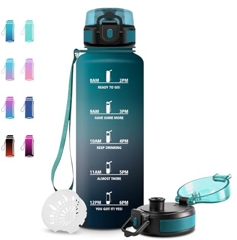 JAPORIA Trinkflasche 1.5L, BPA-frei, Zeitmarkierung, Wasserflasche mit Filter, Auslaufsicher, Sportflasche für Fitness, Gym, Fahrrad, Yoga