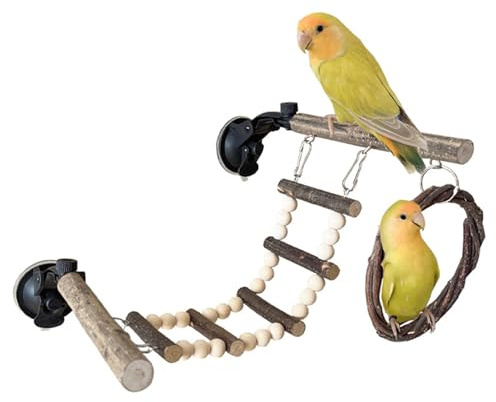Escalera de Cuerda para Aves - Escalera de Madera con Ventosas | Juguete Accesorio para Jaula | para Periquitos, Ninfas y Hámsters