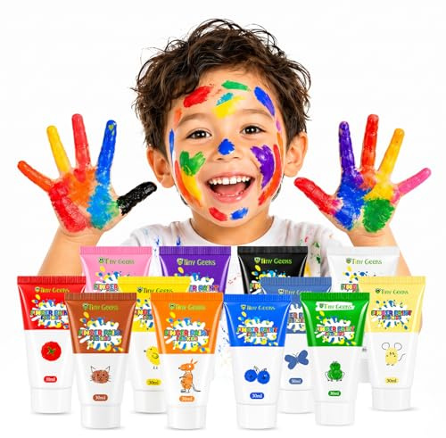 TinyGeeks Colori a Dita Lavabili per Bambini - 12 Colori Vivaci - Atossici e Sicuri - Set Pittura Facile da Pulire per Asilo, Scuola e Lavoretti Fai da Te
