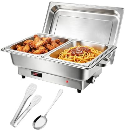 SXNIWBAI Electric Chafing Dish, 9L Stainless Steel, Half-Size Buffet Server | Temperature Control Display, Food Warmer, 1/2GN*2 Configuration, For Parties & Catering,Festivals