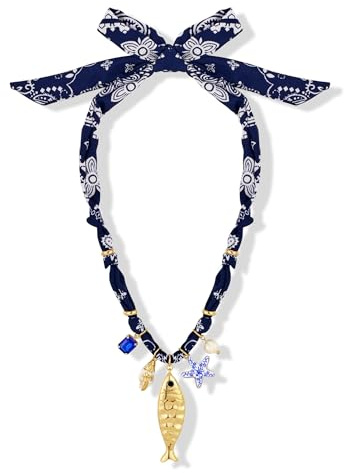 TOVABA Collar de mujer con chal de seda, collar de chal de seda con colgante de estrella de mar y concha, joyería de moda boho de estilo marítimo para verano y vacaciones, Cobre