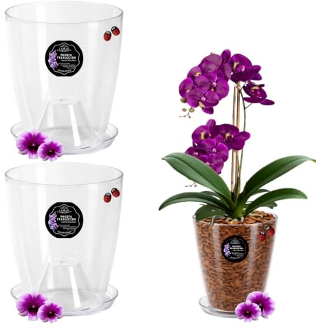 LiveLaif® 2 Pot Orchidée Transparent Ø13x15cm + Soucoupe Pot Fleur | Pot Transparent Orchidée avec Drainage | Pot pour Orchidées en Plastique Transparent | Pot Transparent Plante | Pot de Rempotage