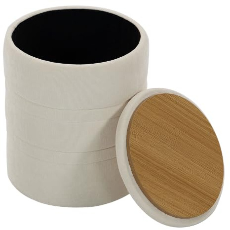 HOMCOM Pouf Coffre Rangement Salon Rond Couvercle Ø 36,5 x 46,5 cm Beige | Tabouret, Pouf Repose-Pieds en Chenille, pour Chambre à Coucher, Entrée, Salon, Charge 120 Kg