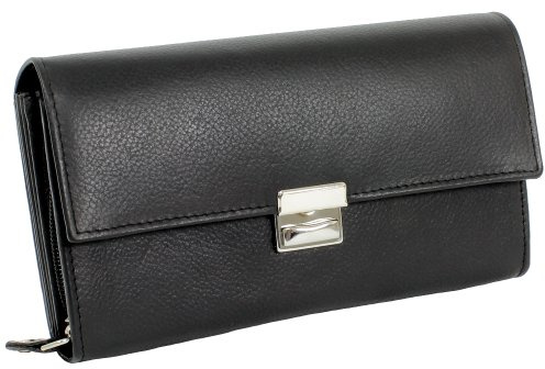 Ledershop24 Men's Black Cowhide Leather Modern Waiter's Wallet with 7 Compartments, 3-Card Slots, Coin Pocket, Zipper Closure, Includes Coin Pouch and Card Holders