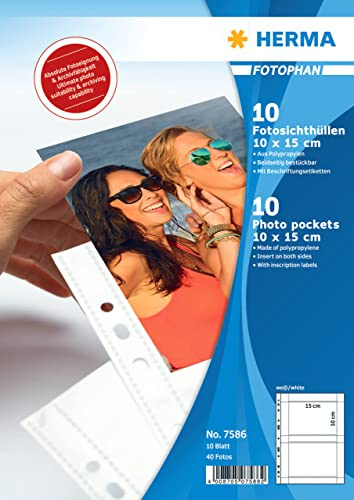 HERMA 7586 Fotohüllen Fotophan 10x15 cm Querformat, Weiß, 50 Blatt | Fotosichthüllen mit Eurolochung und weißer Zwischenfolie - beidseitig nutzbare Fotophan Taschen für 4 Fotos je Hülle
