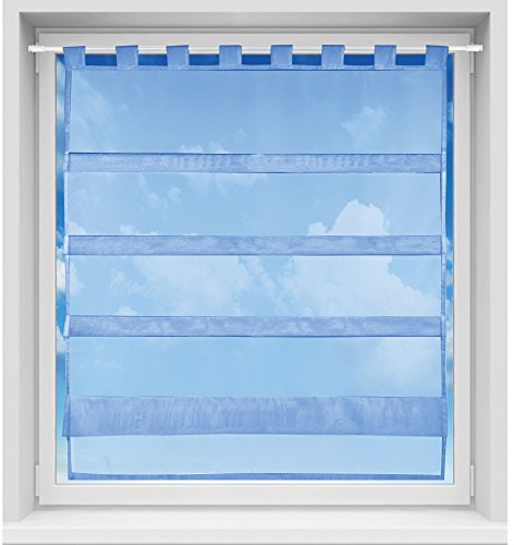 Bestgoodies Bistrogardine in transparent mit Raffoptik, einfarbige und lichtdurchlässige Voile-Scheibengardine mit Schlaufe, in vielen Größen verfügbar (90 x 110 cm/blau - aquablau)