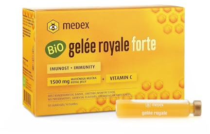 Medex Biologisches Gelée Royale FORTE, extra stark mit 1500 mg Gelee Royal, Flüssigkeit in Ampullen, leicht zu öffnen, mit natürlichem Vitamin C, aus biologischem Anbau 10 x 9 ml