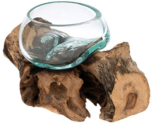 Nexos Handgemachte mundgeblasene Glasschale auf Wurzelholz Glasvase Dekoschale aus Glas Ø10cm ca. 18 x 14 cm Reine Handarbeit Gamal Teak Holz