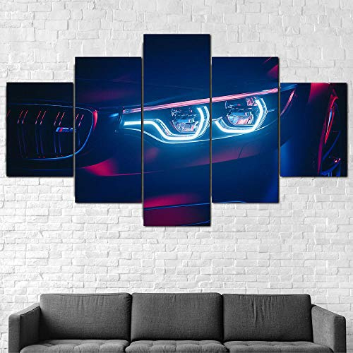 IIIUHU Bilder BMW M4 LED Scheinwerfer Super Car 125x60cm 5 Teilig Leinwandbilder Bild auf Leinwand Wandbild Hd Drucke Kunstdruck Wand Wohnzimmer Wanddekoration