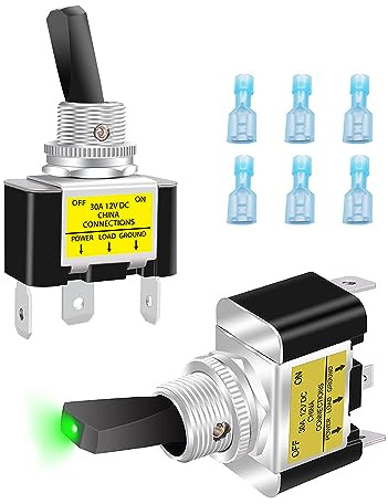 Taiss 2 pièces LED vert interrupteur à bascule 12V 30A SPST ON/OFF 3 bornes,Interrupteur à Levier lumineux,avec Avec borne FDFN2-250 ASW-07D-2-G-DZ