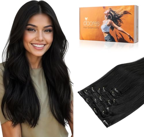 DOORES Clip in Extensions Echthaar, Tief Schwarz 40cm 16 Zoll 7 Stück 120g Echthaar Extensions Clip Gerade Extensions Echthaar Natürliche Echthaar Extensions
