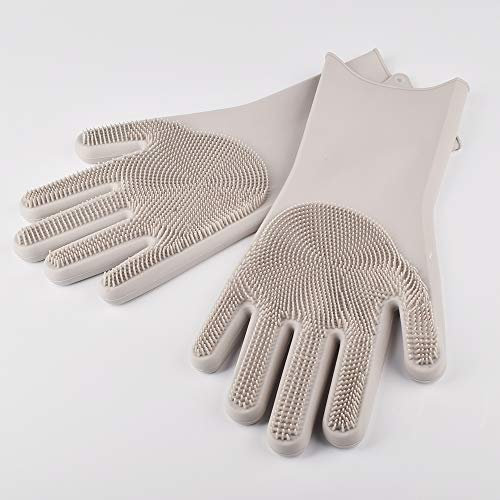 Magic Silicone Rubber Dish Washing Gloves Kitchen Pet Bath Cleaning Scrubber (Grey)